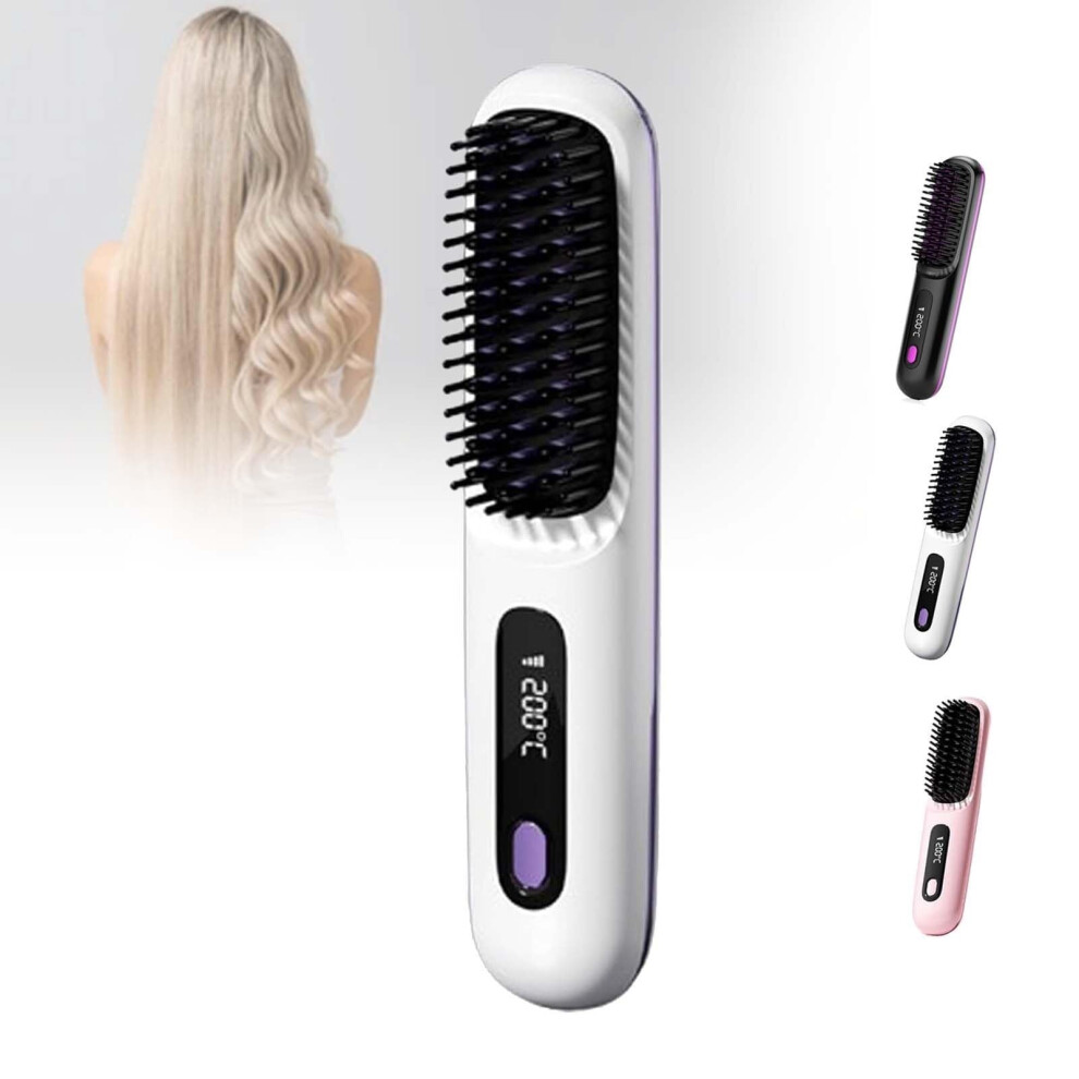 White Cordless Hair Straightening Brush With Ionic Technology, Fast Styling And Adjustable Heat,