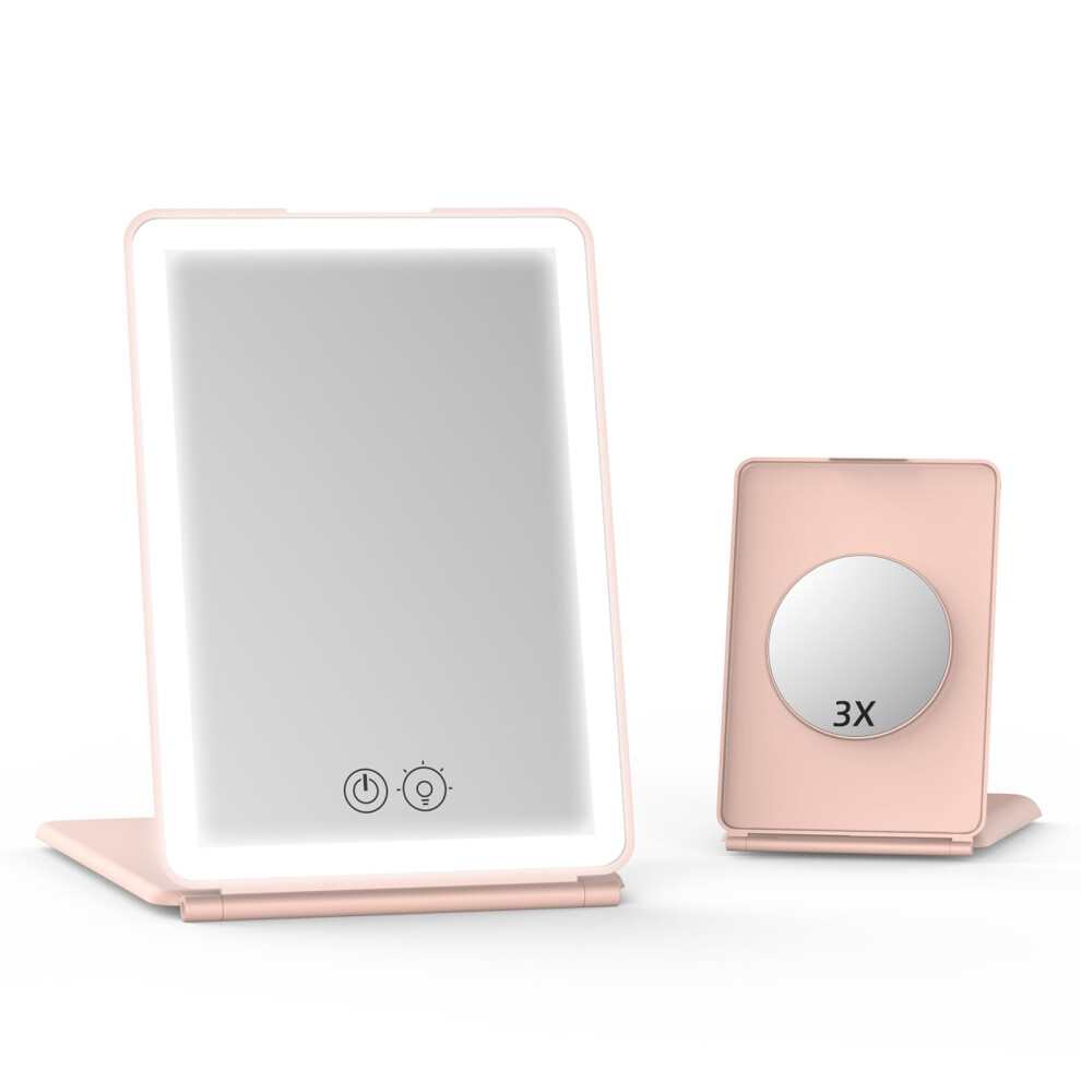 Pink Lighted Makeup Mirror 1X And 3X Magnifying Vanity Mirror With 3 Color Modes, Dimmable Touch,
