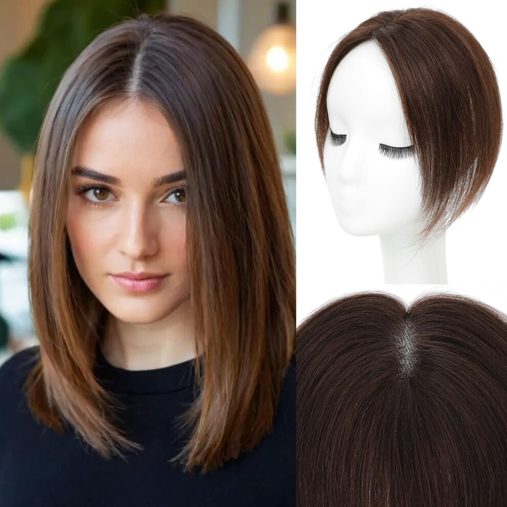 Unisex Brown Mocha Human Hair Topper With Clip In Bangs For Thinning Hair And Natural Volume Boost