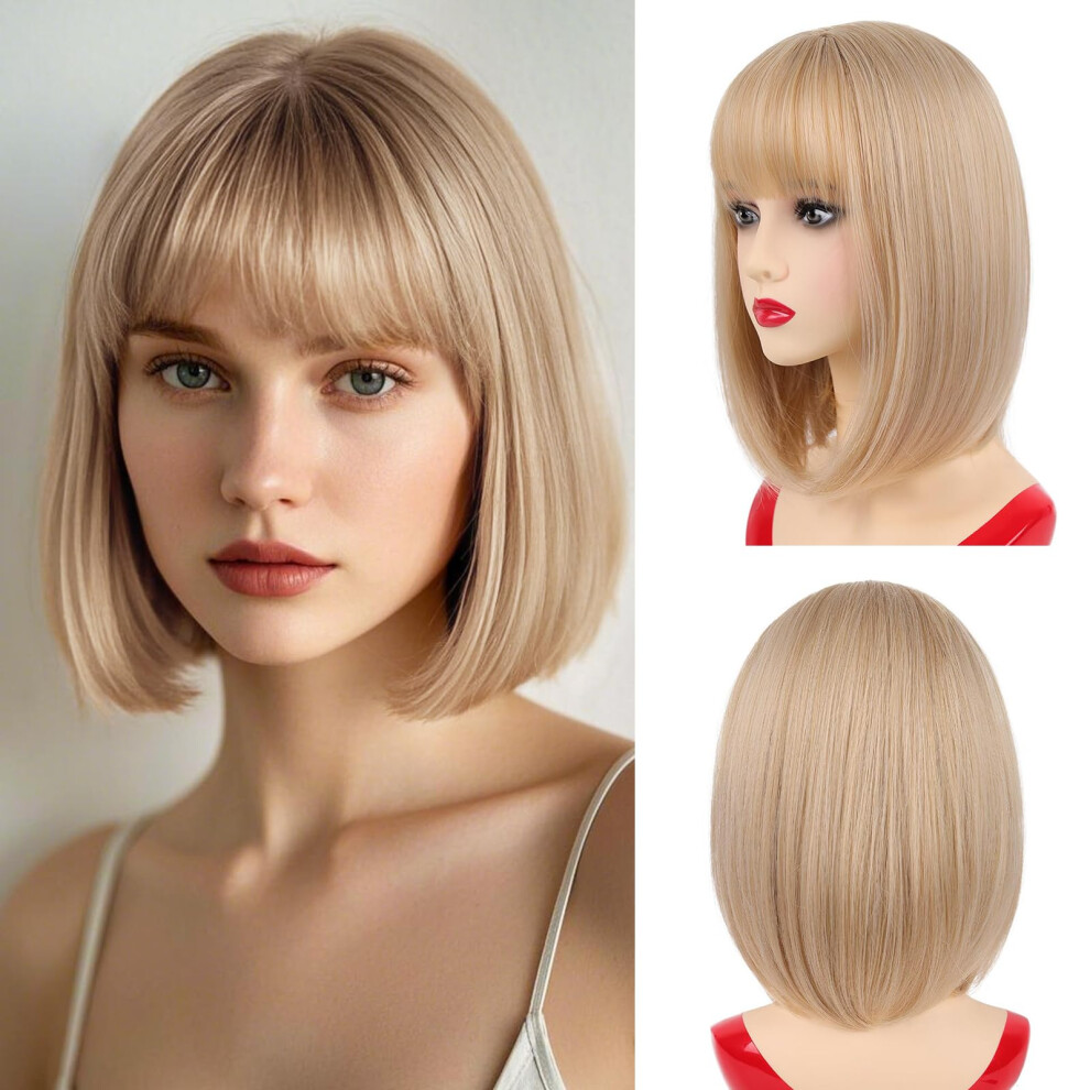 Unisex Blonde Bob Wig With Bangs 14 Inch Synthetic Short Straight Costume Wig For Women Cosplay