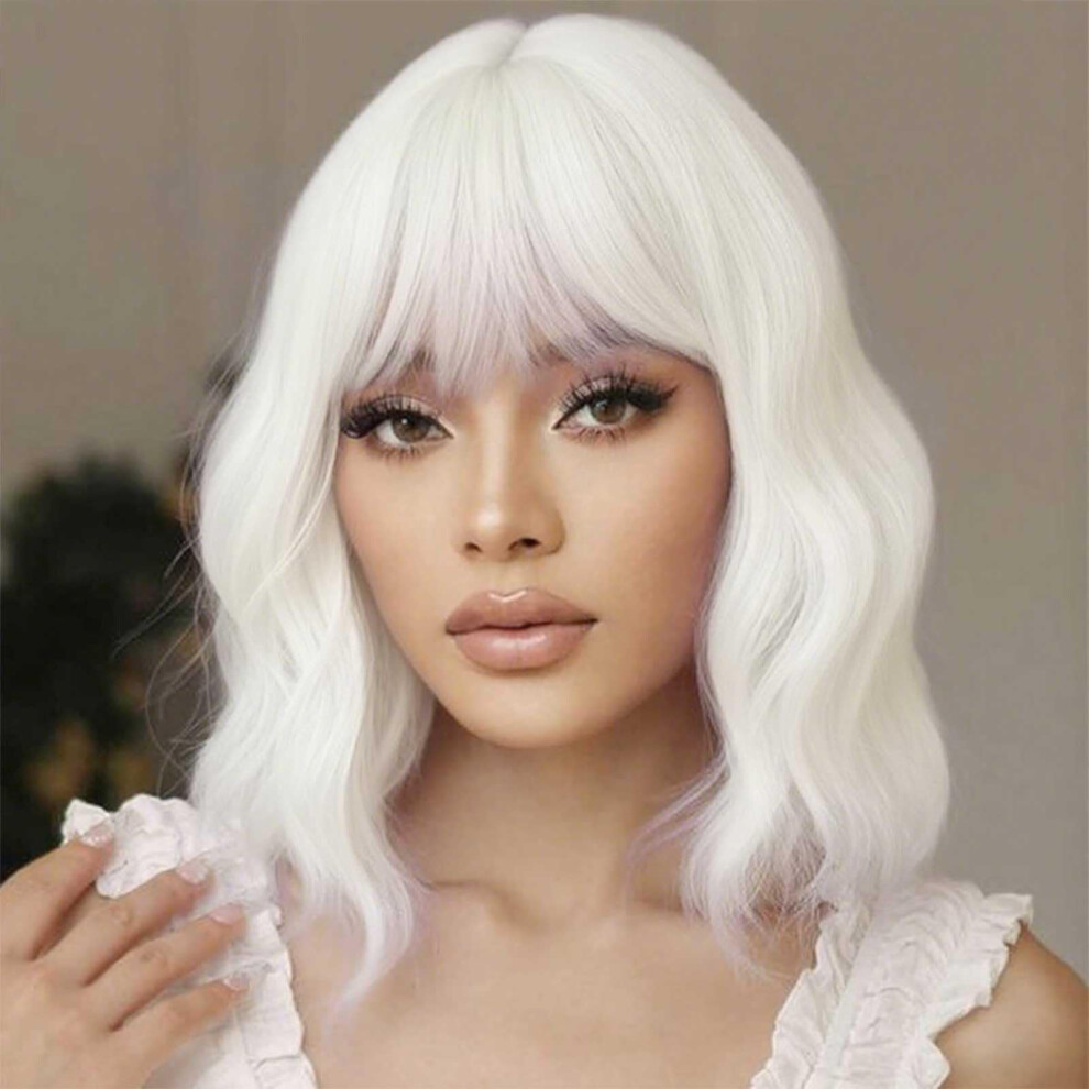 White Bob Wig with Bangs for Women, Shoulder Length Wavy Synthetic Hair, Natural Loose Curls