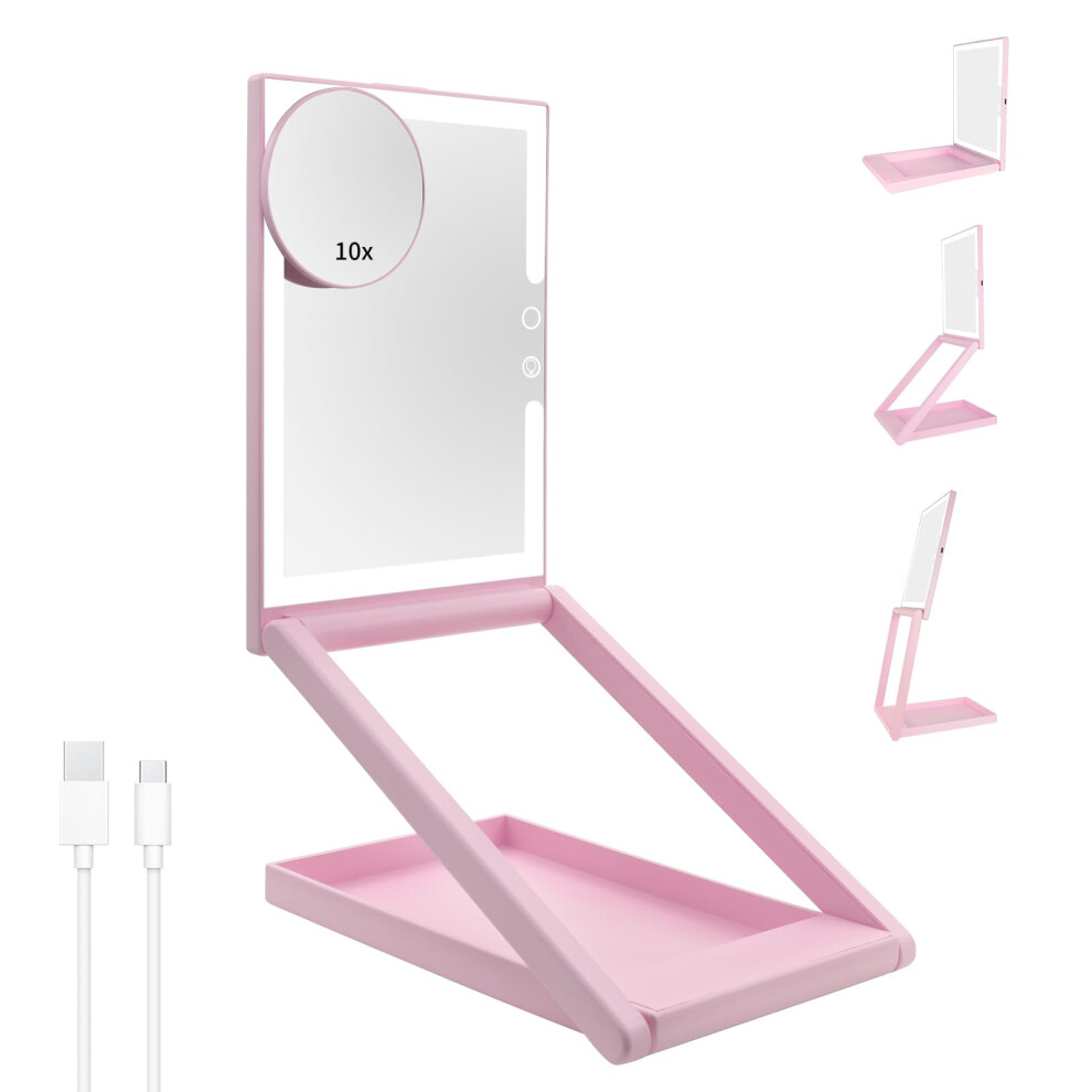 Pink Lighted Travel Makeup Mirror 10X Magnification With Adjustable Height Dimmable 3Color Led Rechargeable