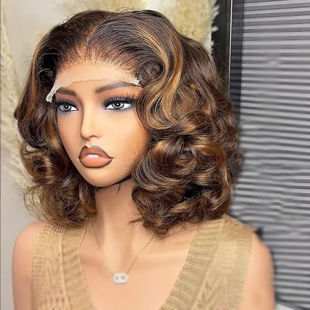 Unisex 8 Inch Ombre Highlight Short Bob Human Hair Wigs Hd Lace Closure Brazilian Body Wave Preplucked
