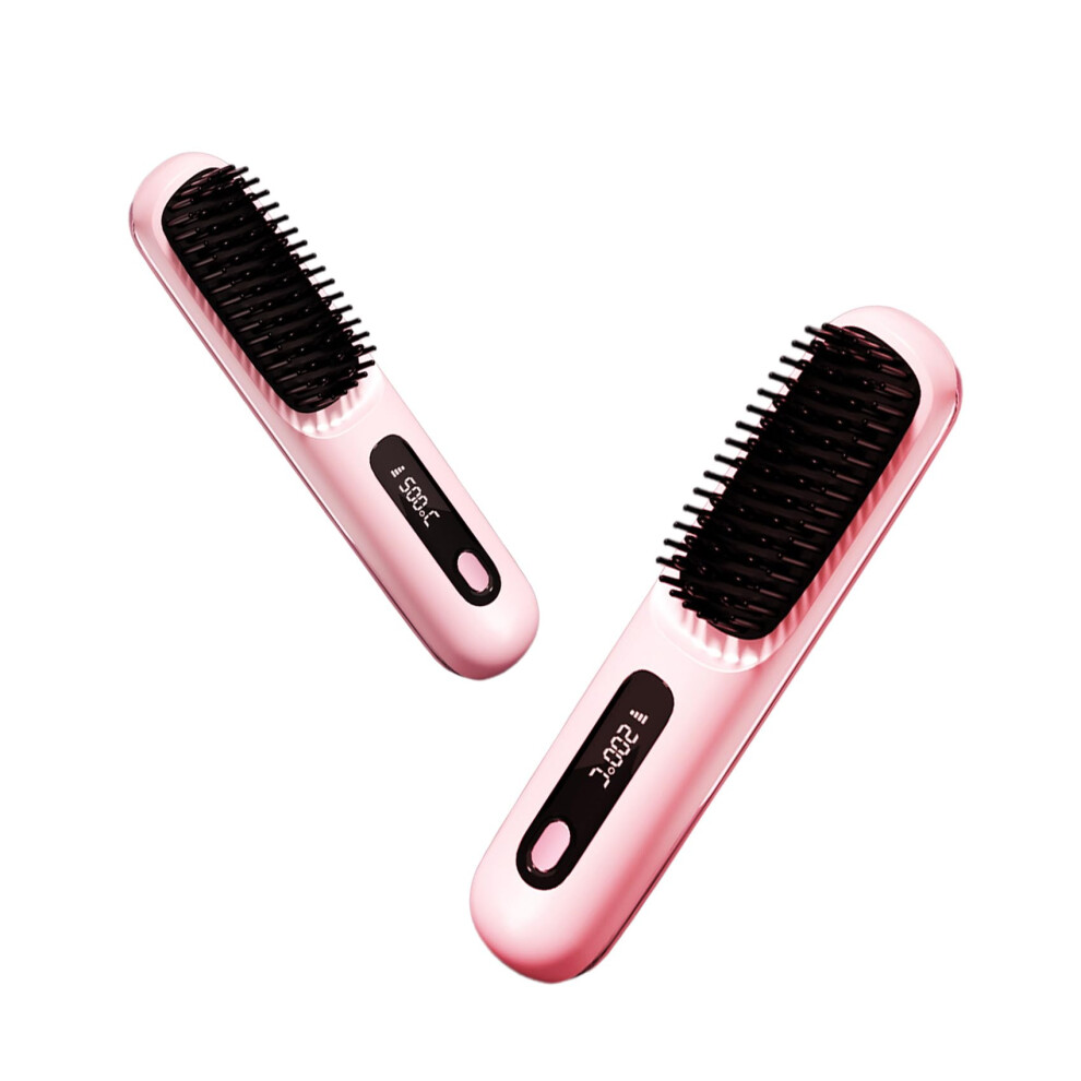 Hair Straightener Brush for Thick Curly Hair, Fast Ionic Straightening with LCD Display, Pink