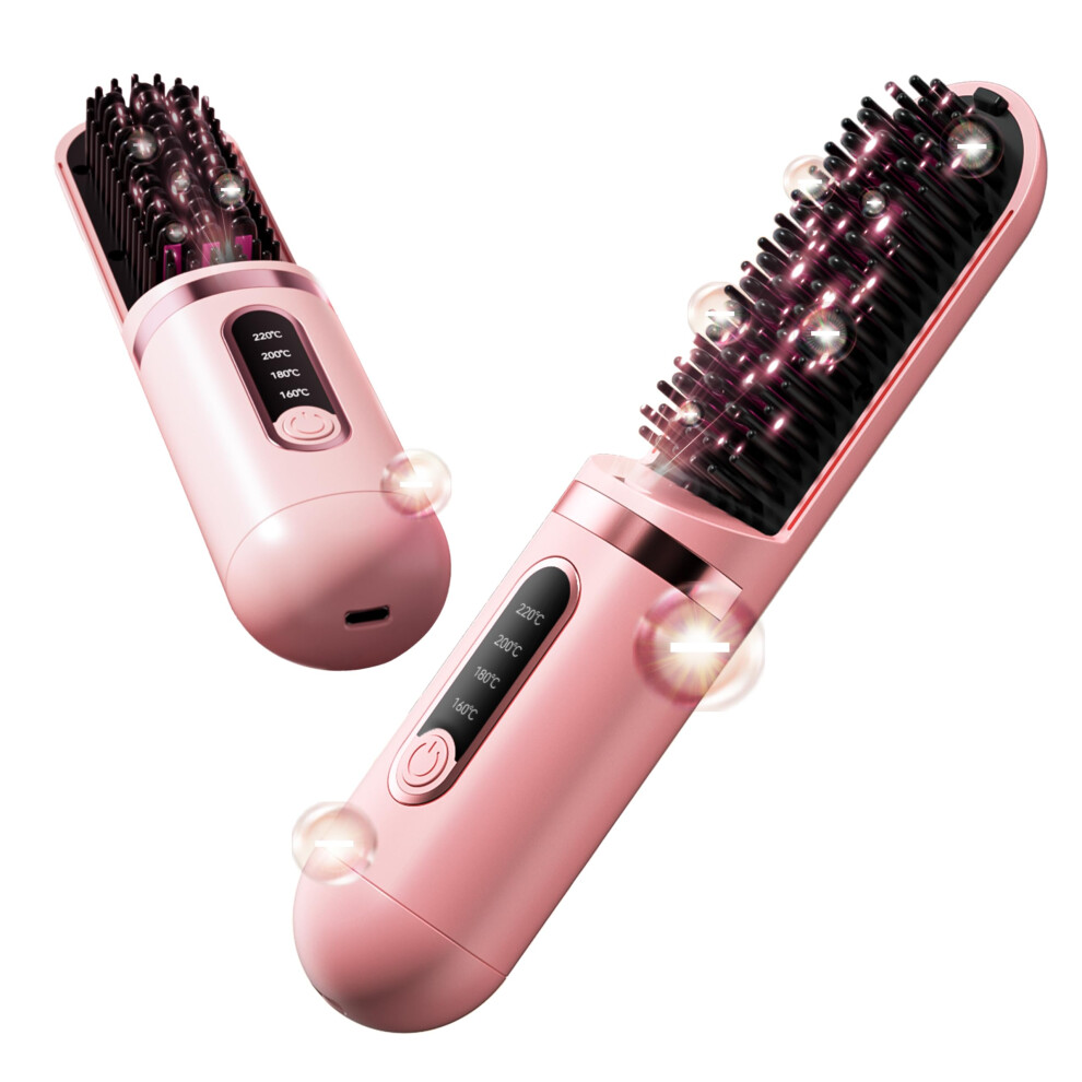 Cordless Hair Straightener Brush with Ionic Care, Rechargeable 2in1 Travel Friendly GoldenPink
