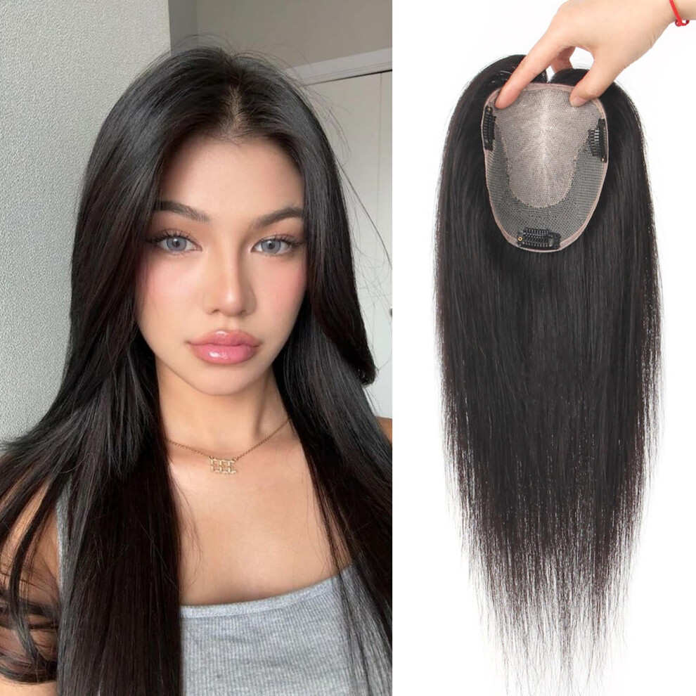 Unisex Human Hair Topper 12X13cm Silk Base No Bangs Clip In For Thinning Hair Natural Scalp Appearance