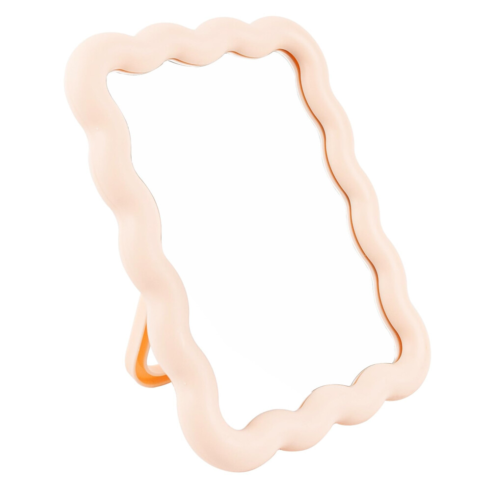 Pink Folding Vanity Mirror With Adjustable Bracket, Aesthetic Wave Tabletop Makeup Mirror 6.7X5.3 In