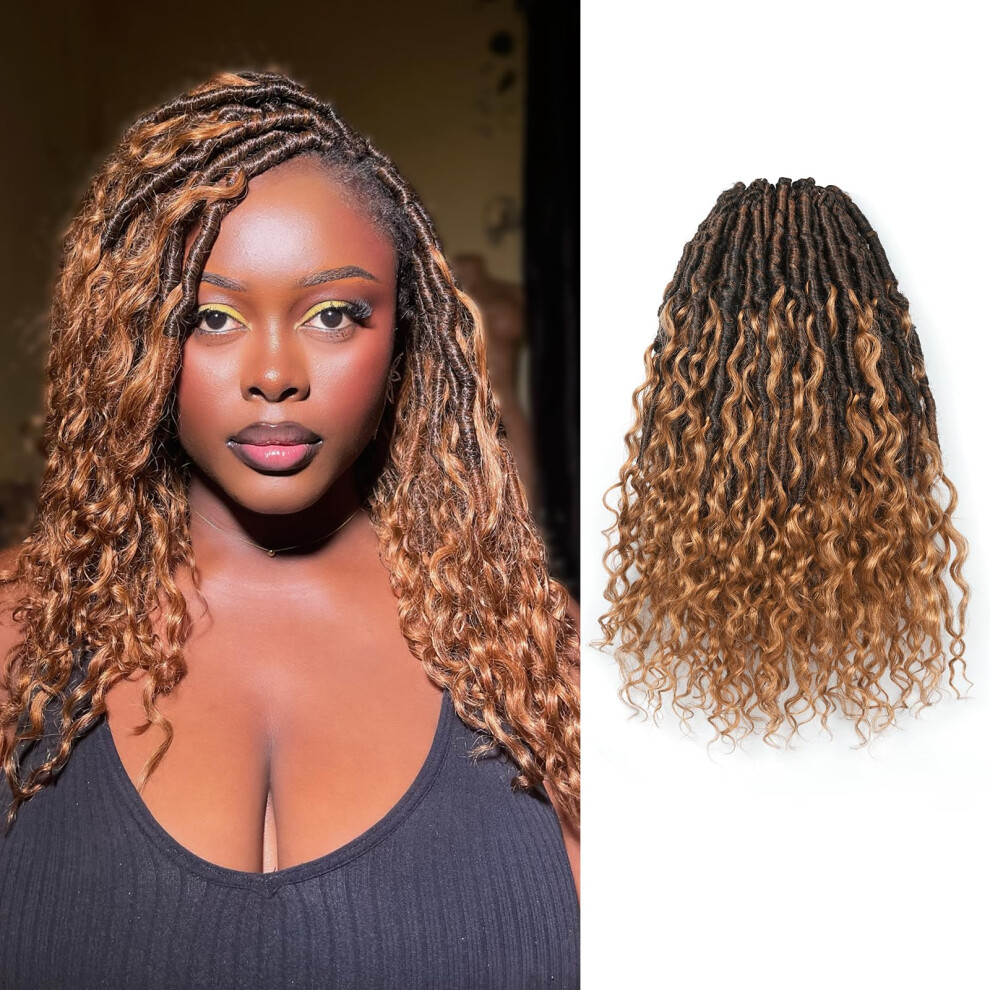 Unisex Brown Boho Butterfly Locs 14 Inch Ombre Prelooped Crochet Braiding Hair, Natural Human Texture