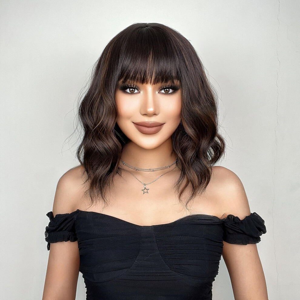 Unisex Brown Short Curly Bob Wig With Bangs For Women, 14 Inch Heatresistant Synthetic, Glue Natural Look