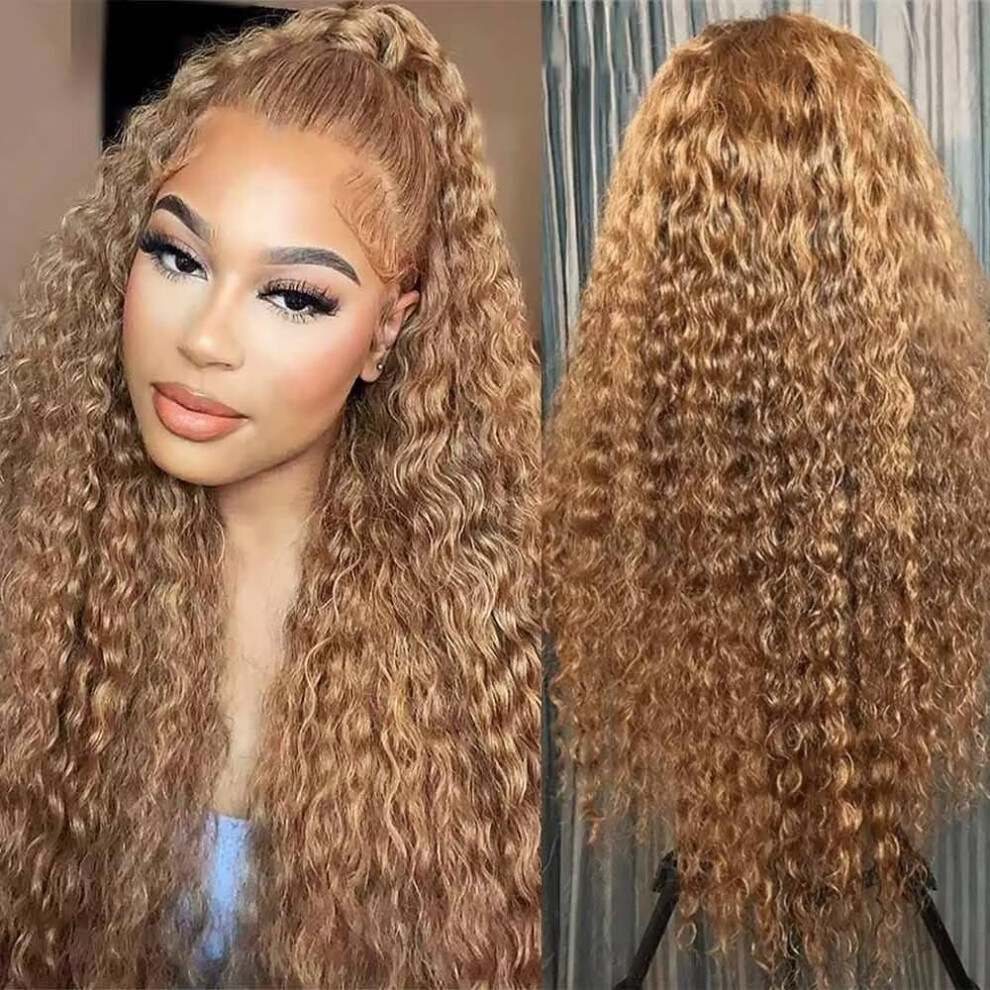 Unisex Brown Honey Blonde 13X6 Hd Lace Front Wig 180% Density Virgin Brazilian Curly Human Hair 16 Inch