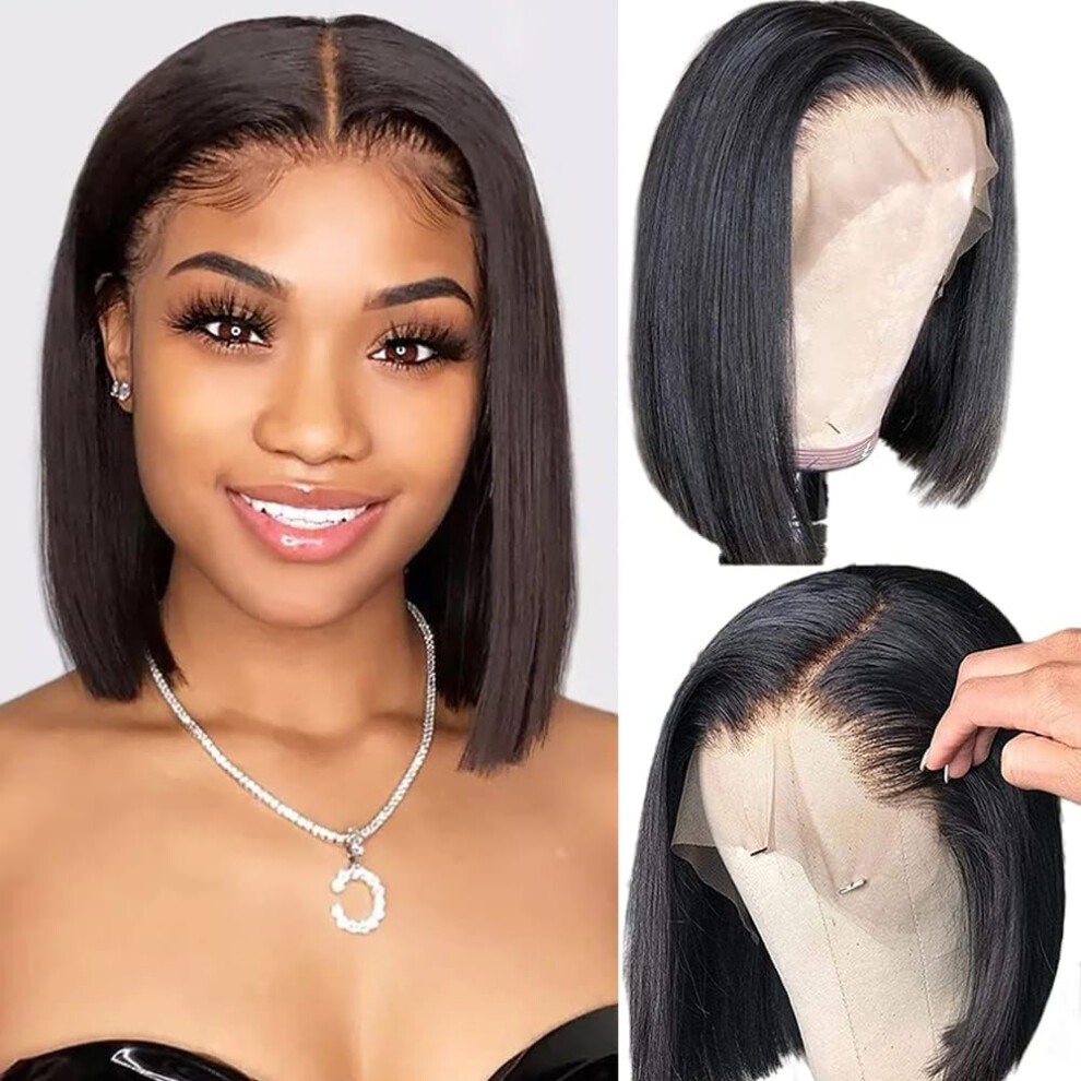 Unisex Straight Bob Wig Human Hair 13X4 Lace Front, Pre Plucked Baby Hair, 10 Inch 1B Natural Hairline
