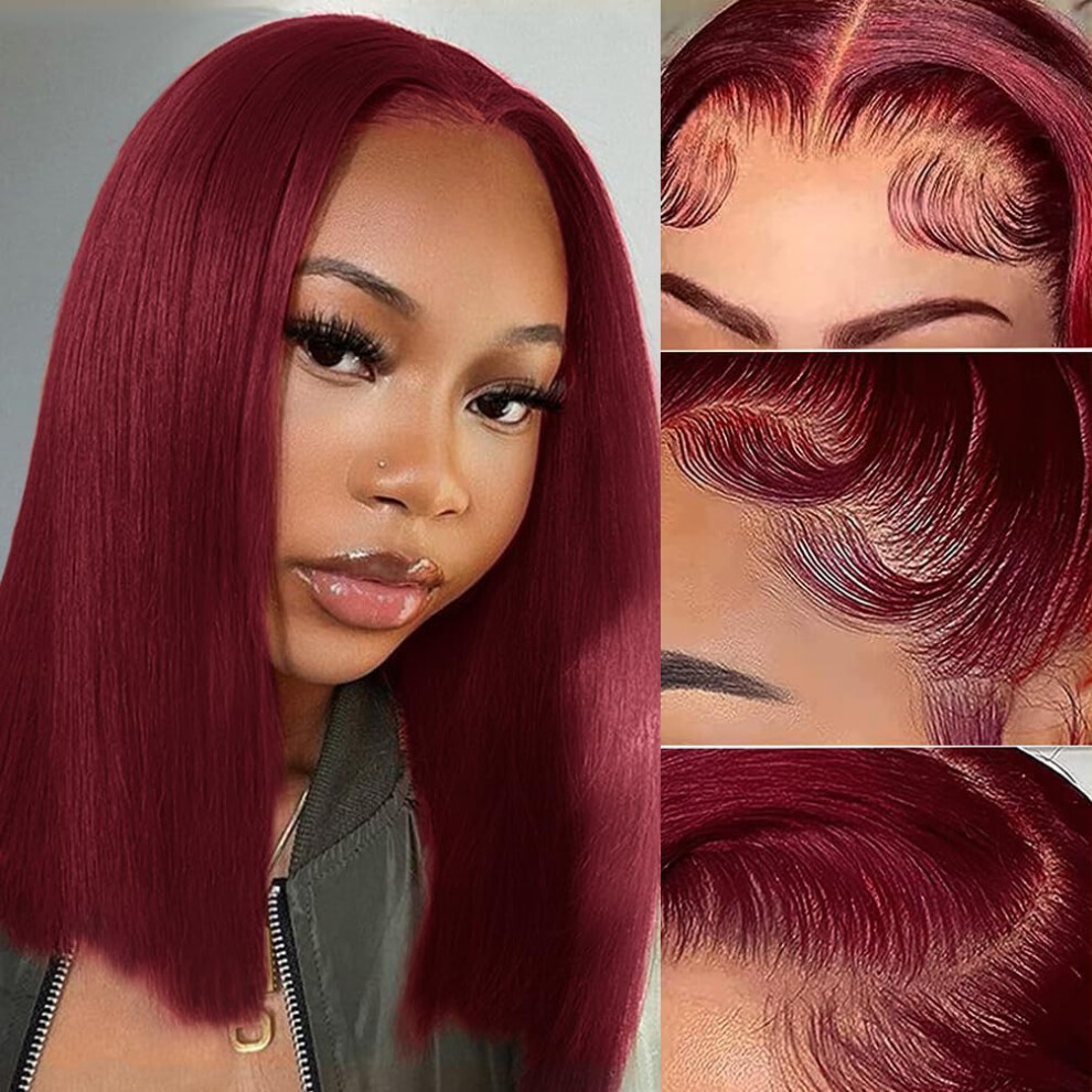 99J Burgundy Bob Wig Human Hair Lace Front 10 Inch Straight Glueless Natural Hairline 180% Density
