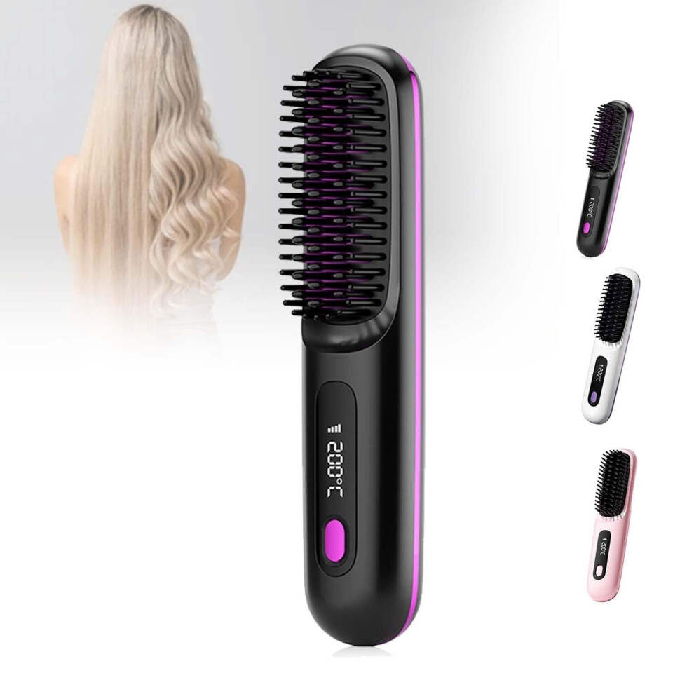 Black Cordless Ionic Hair Straightening Brush With Ceramic Comb, Rechargeable For All Hair Types