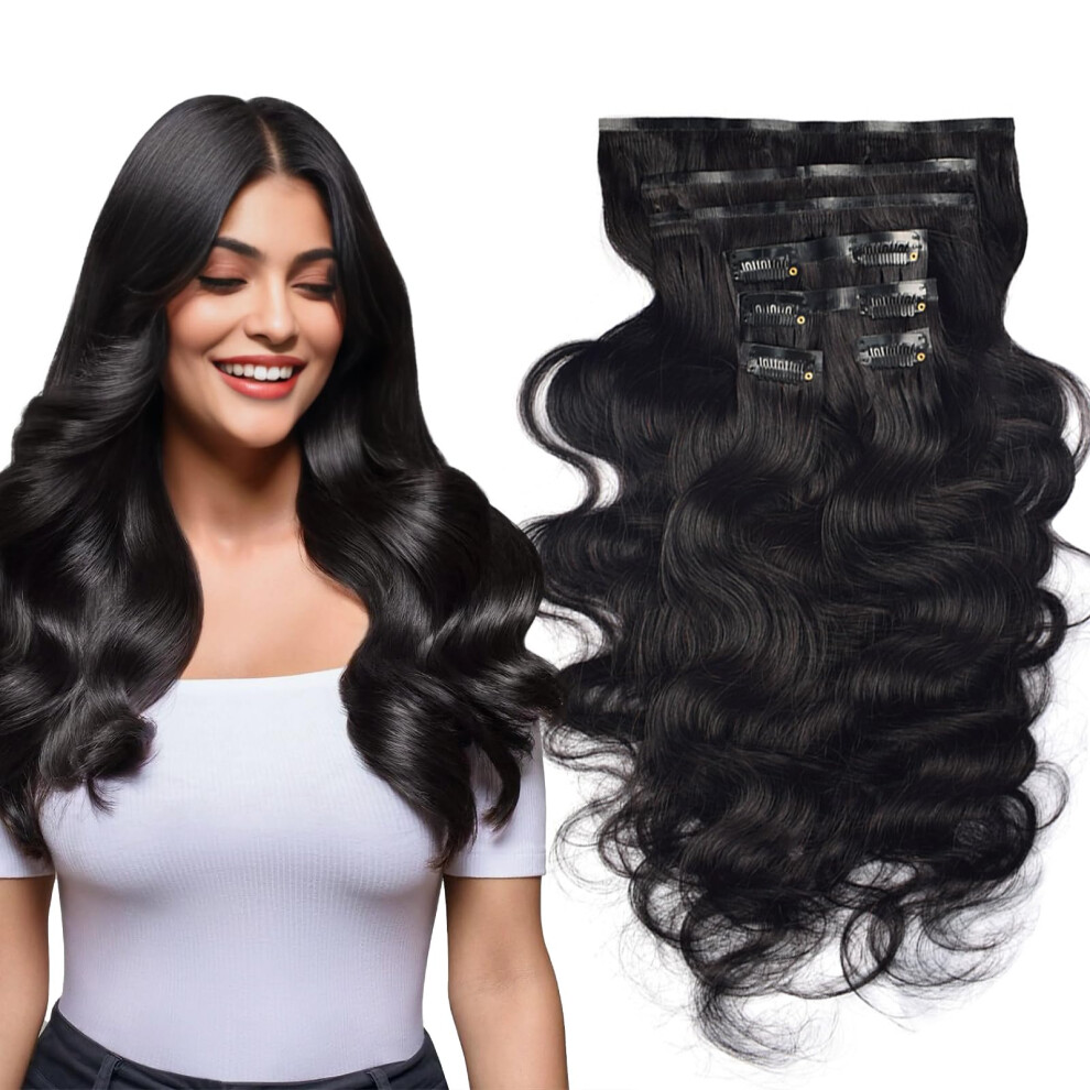 Unisex Black Seamless Clip In Human Hair Extensions 18 Inch Natural Body Wave Remy For Instant Volume