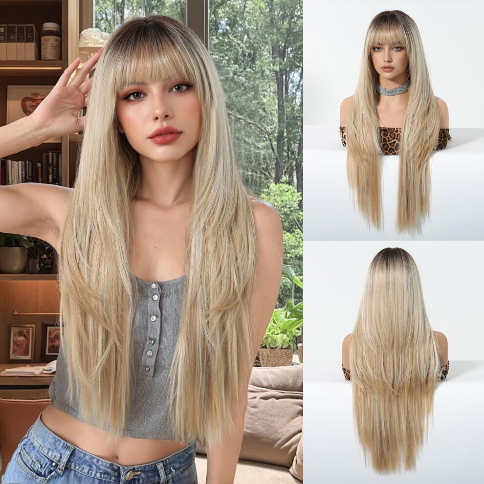 Unisex Ombre Blonde 28 Inch Long Straight Wig With Bangs, Glueless Heatfriendly Synthetic Hair For Women