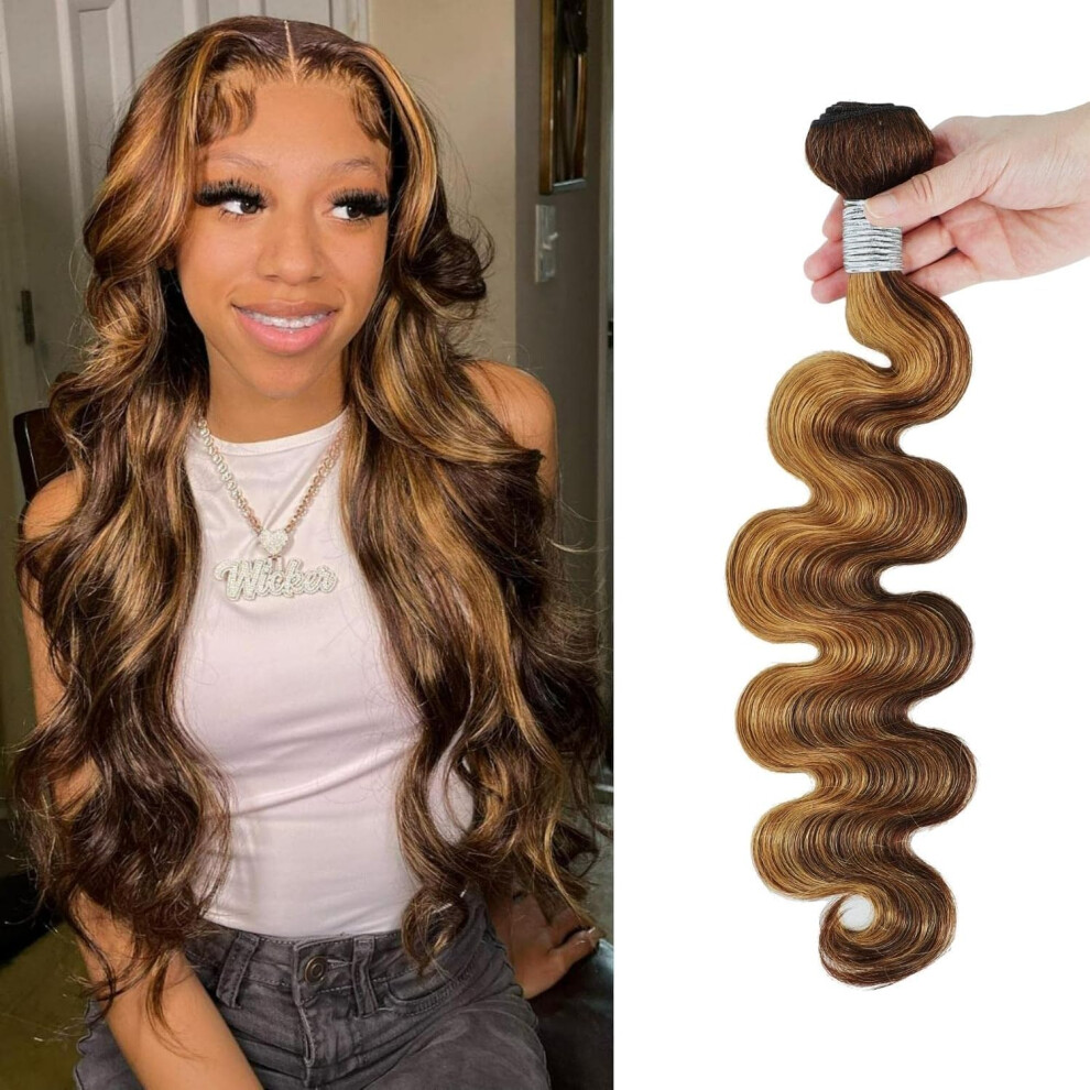 Unisex Brown Honey Blonde Highlight Body Wave Human Hair Bundles 16 Inch Virgin Brazilian Remy Extensions P4/27