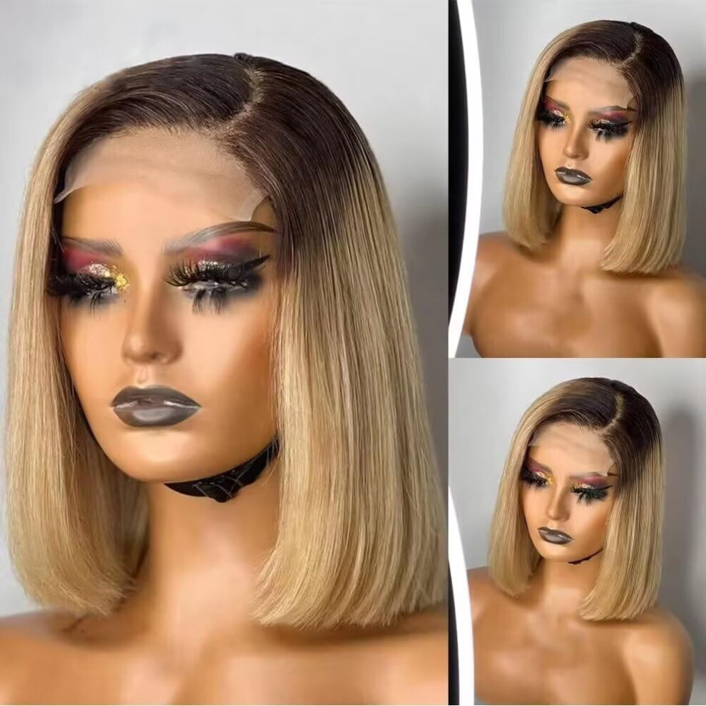 Unisex Human Hair Lace Front Wig 14 Inch Ombre Honey Blonde 1B27 Bob Glueless Brazilian Remy Hd Lace Preplucked 150% Density