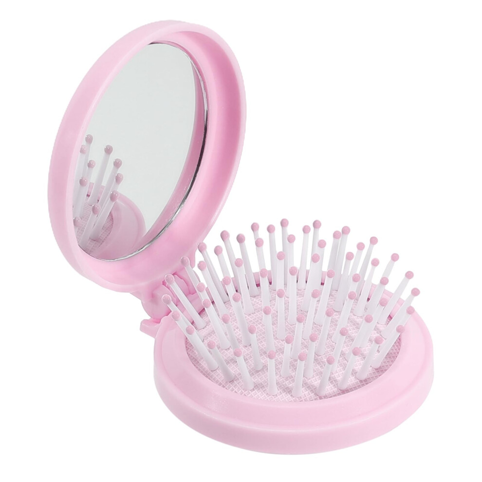 Pink Travel Hair Brush Foldable With Mirror Compact Soft Bristles For Women Purse Or Pocket