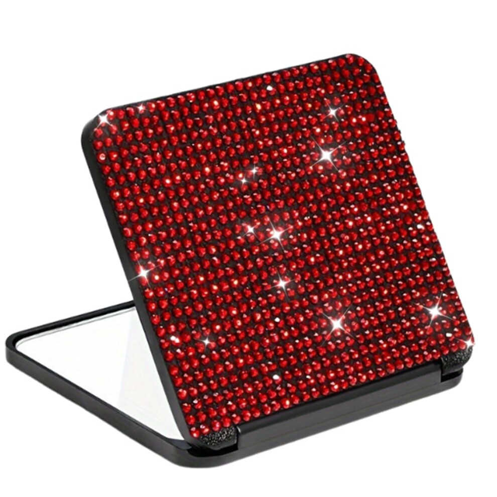 Red Sparkly Rhinestone Compact Folding Travel Makeup Mirror With Bling Crystal Accent
