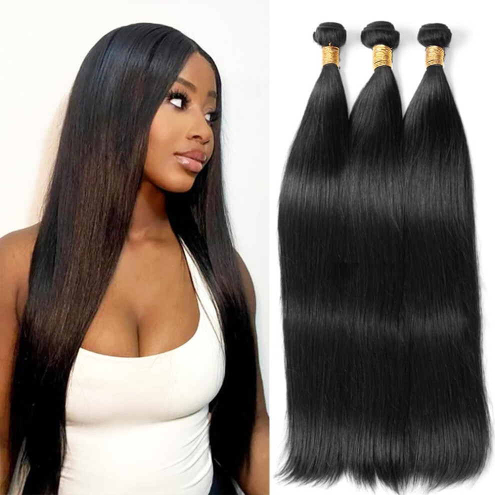 Unisex Black Straight Human Hair Bundles Virgin Remy Extensions Seamless Natural Blend Longlasting Softness