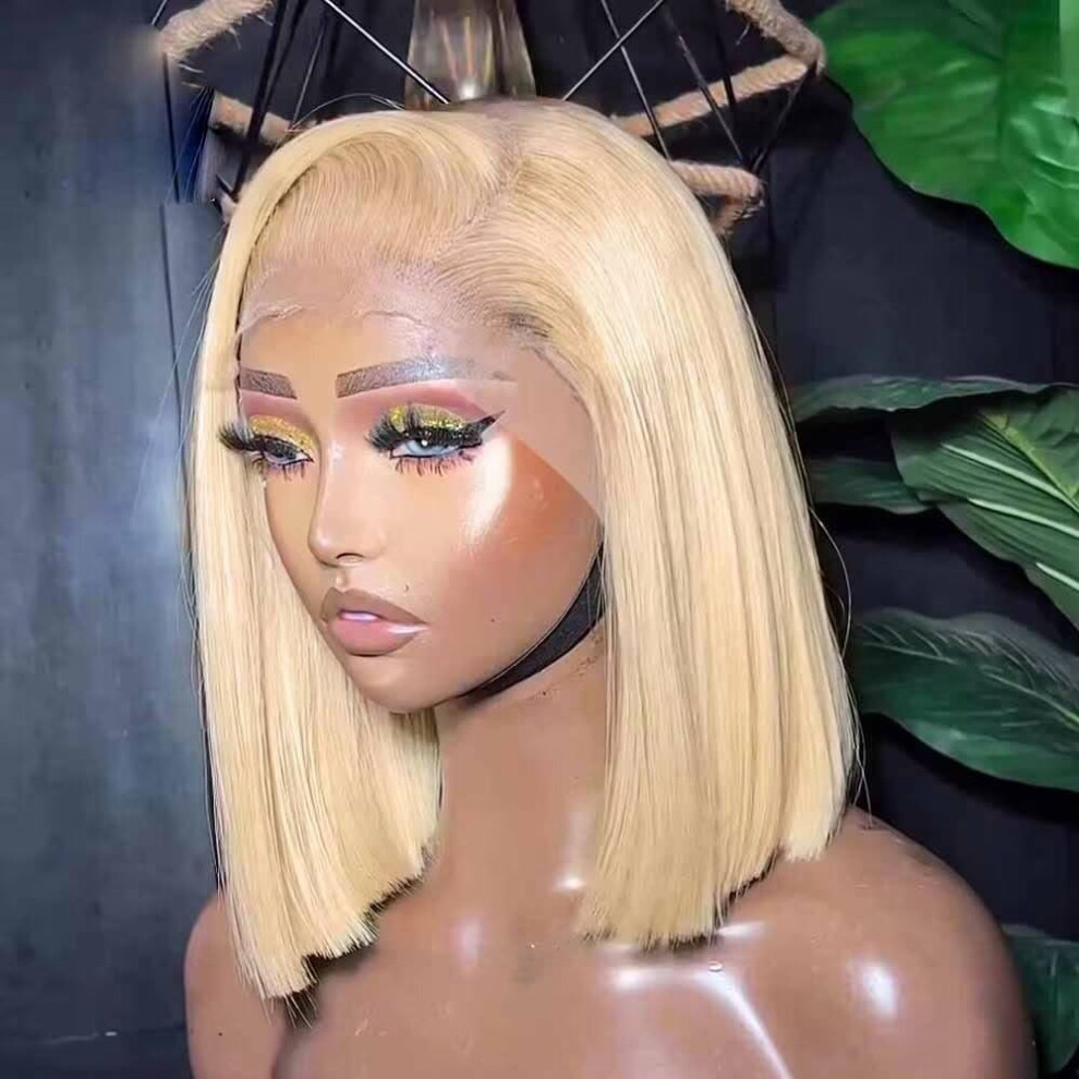 Unisex Honey Blonde 13X6 Lace Front Bob Wig Brazilian Human Hair 12 Inch Glueless Pre Plucked