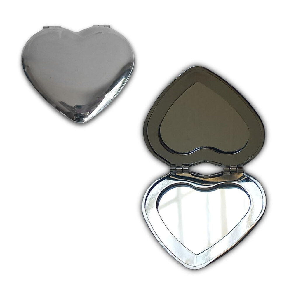 Silver HeartShaped Compact Mirror with Dual Magnification, Travel Size Pocket Makeup Mirror