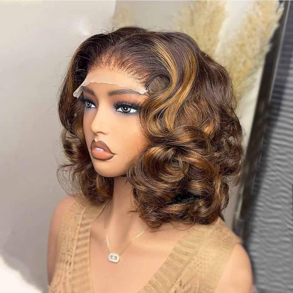 Unisex Honey Blonde Highlight 13X6 Hd Lace Front Wig Brazilian Virgin Human Hair 150% Density 16 Inch