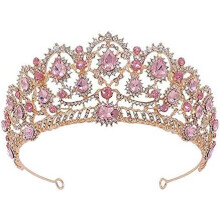Pink Crystal Tiara Bridal Crown for Wedding, Handcrafted Queen Diadem Headband with Crystals