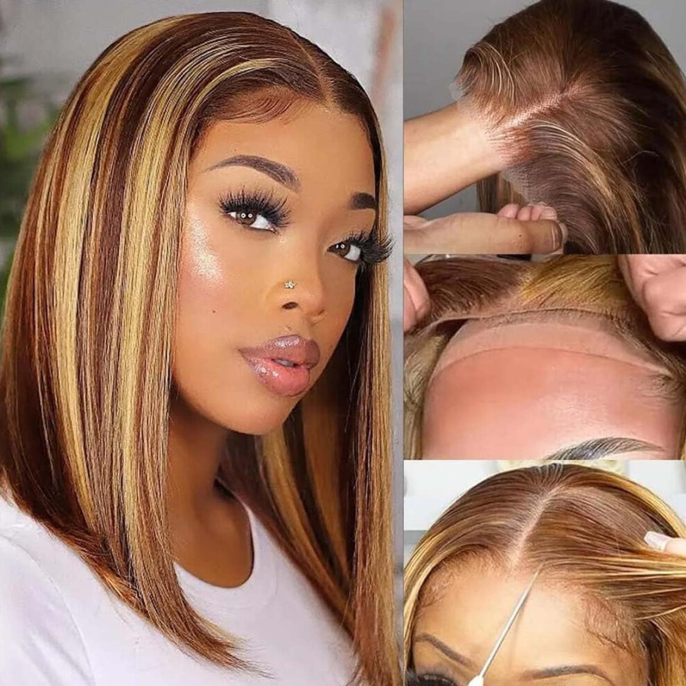 Unisex Glueless Human Hair Wig Blonde Highlight 5X5 Hd Lace Bob Pre Plucked Ombre Brazilian Straight 16In