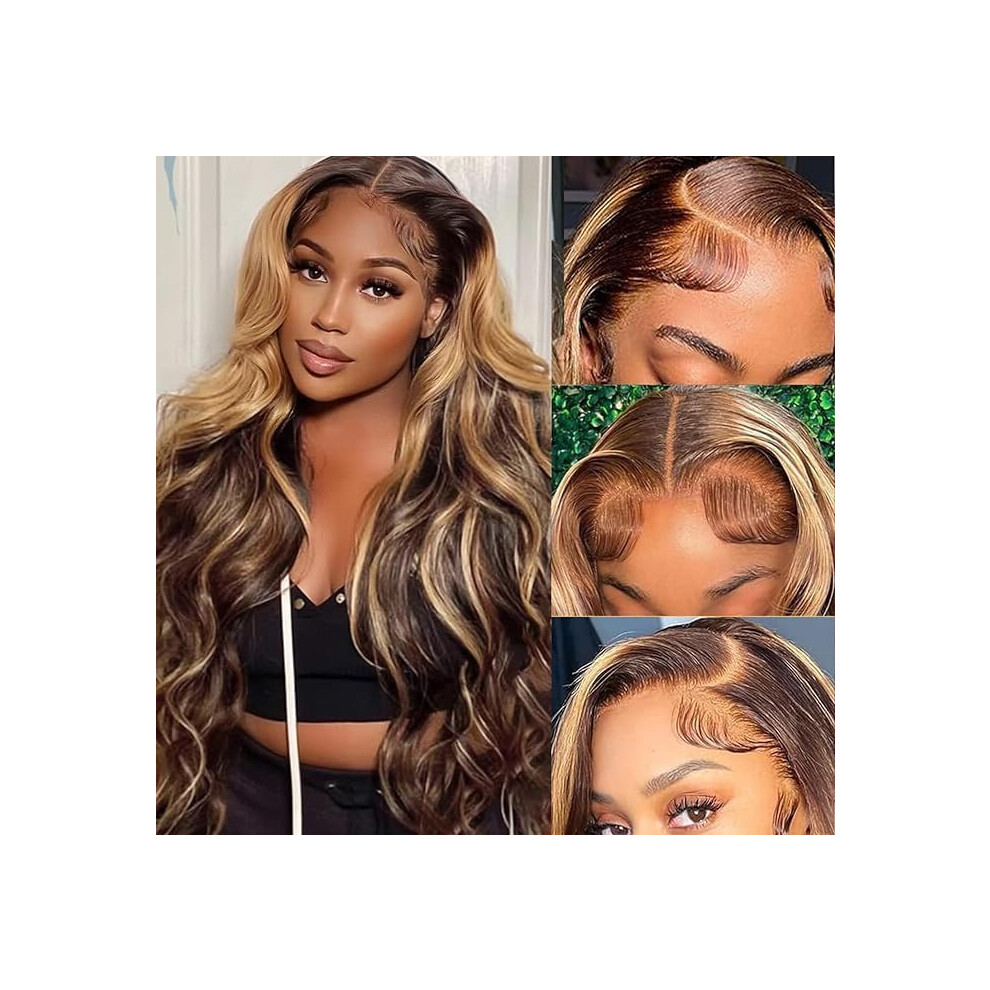 Unisex 28 Inch Honey Blonde Ombre Body Wave Lace Front Wig Human Hair 13X6 Hd Transparent Glueless