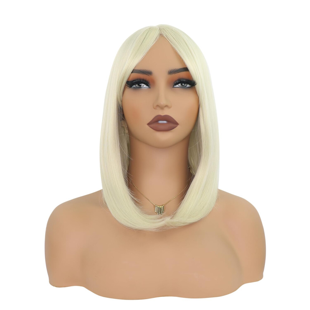 Unisex Light Bob Wig With Bangs Blonde 14 Inch Synthetic Shoulder Length Natural Scalp For Women