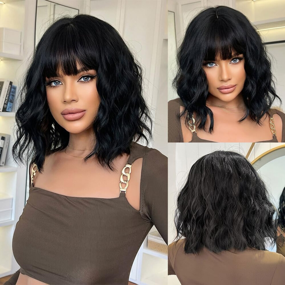14 Inch Brown Wavy Human Hair Bob Wig with Bangs for Women, Natural and Lightweight