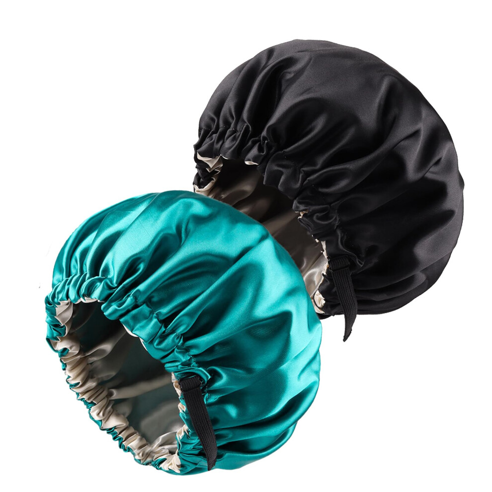 Unisex Blue,Green,Black Large Double Layer Satin Bonnet Sleeping Cap For Black Women Curly Hair Braids Antifrizz Black Blue Green