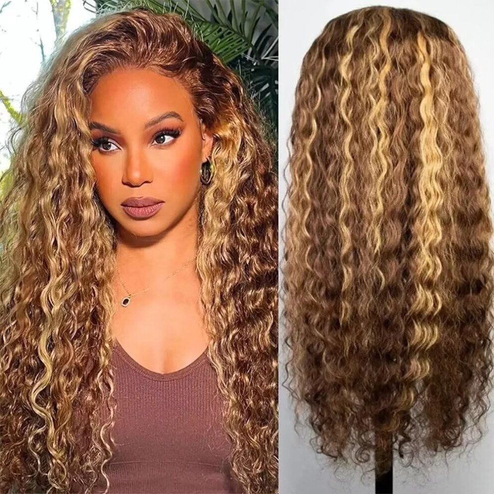 Unisex 18 Inch Highlight Honey Blonde Human Hair Lace Front Wig, Hd Transparent Deep Wave Brazilian, 150% Density Preplucked Baby Hair