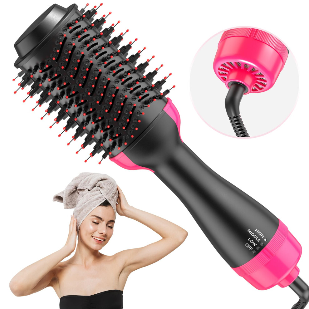 Red 4 In 1 Hot Air Brush Blow Dryer Brush For Drying Straightening Curling Volumizing,