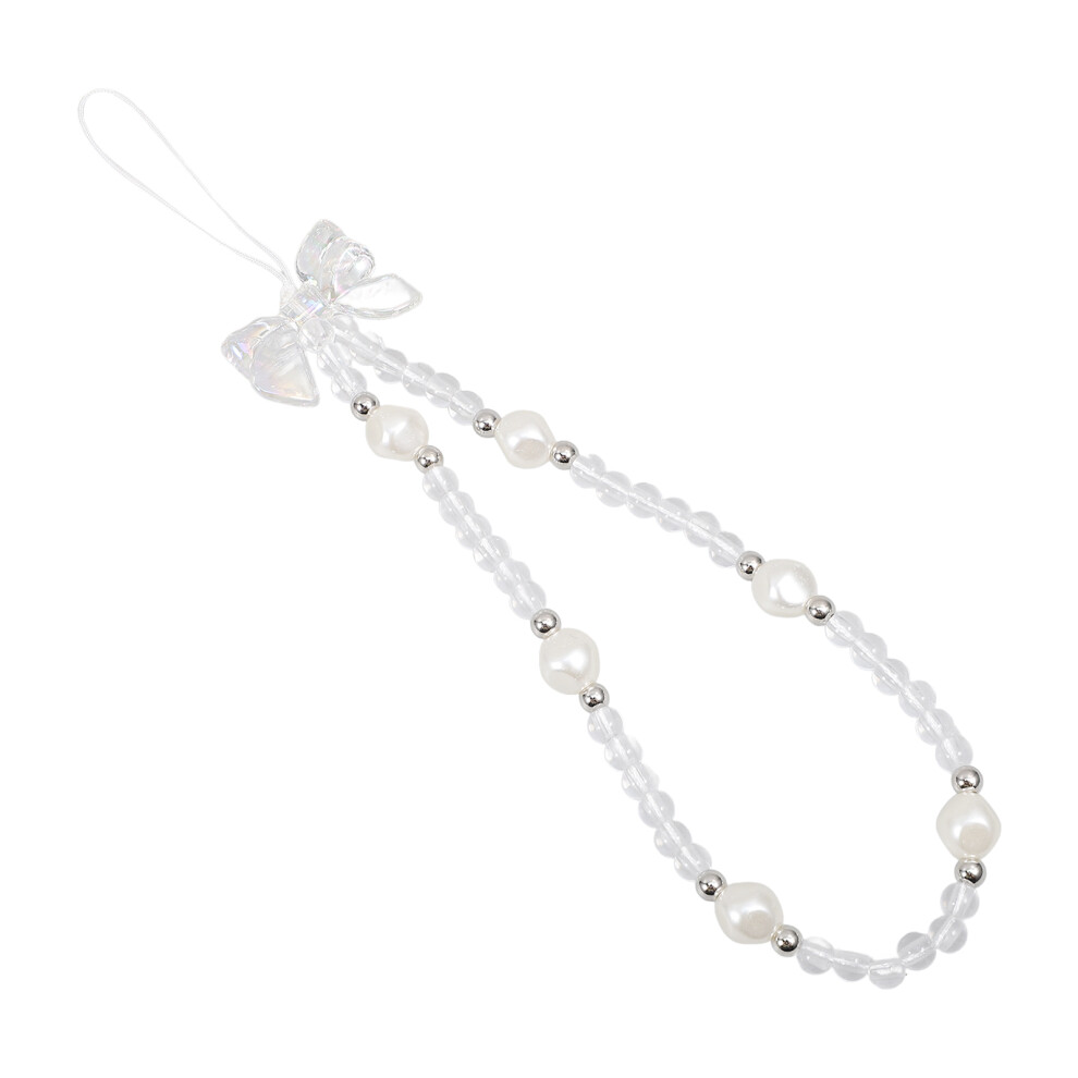 2Pcs Bowknot Beaded Phone Wrist Strap Transparent Faux Pearl Lanyard 3623385850601