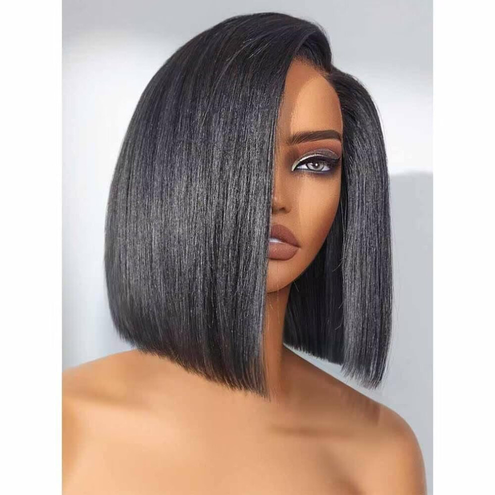 Bob Wig Human Hair Short Yaki Straight HD Lace Front Glueless Pre Plucked 150% Density 8Inch