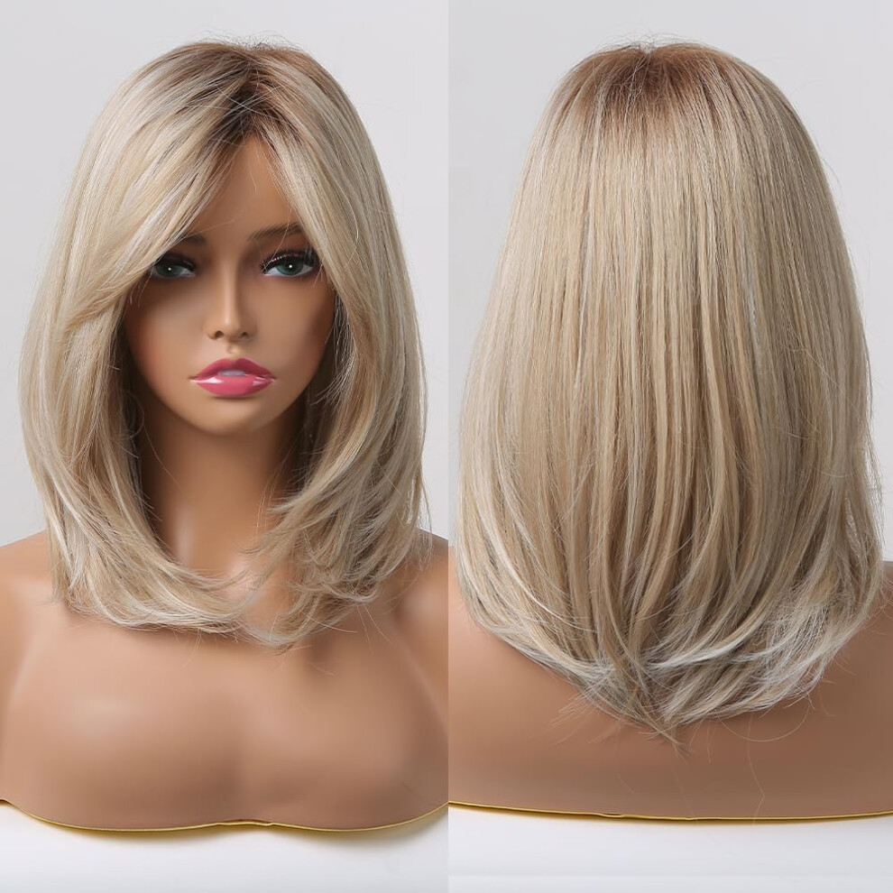 Blonde Wig Human Hair Blend 14 Inch with Bangs for Women, Heat Resistant Lightweight Breathable