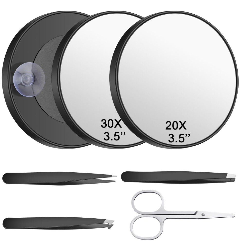 20X 30X Magnifying Mirror with Suction Cup, Small Travel Makeup Mirror with Tweezers and Scissors
