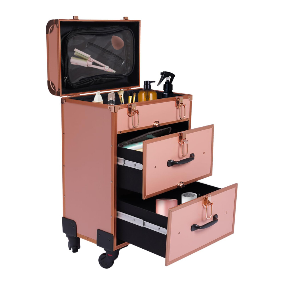 Gold Large Capacity 3Layer Rolling Makeup Train Case With Lockable Drawers For Professional Artists