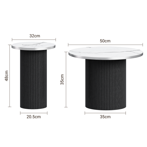 Modern Round Coffee Table & Side Table Set - Fluted Black Pedestal with White Marble-Effect Tabletop 2