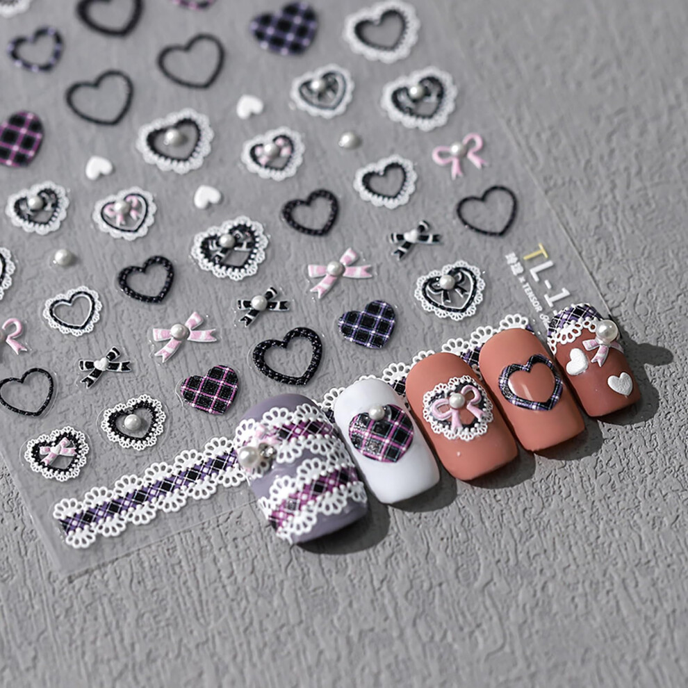 Purple/White Valentine's Day Nail Stickers 5D Embossed Heart Design Longlasting Salon Quality