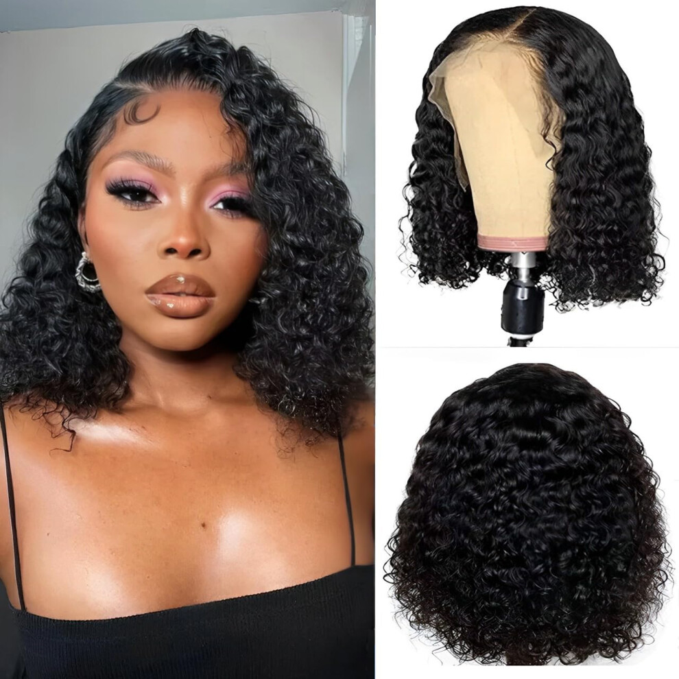 Unisex Black Curly Bob Wig Human Hair 13X4 Lace Front 12 Inch 1B Brazilian Curls For Women