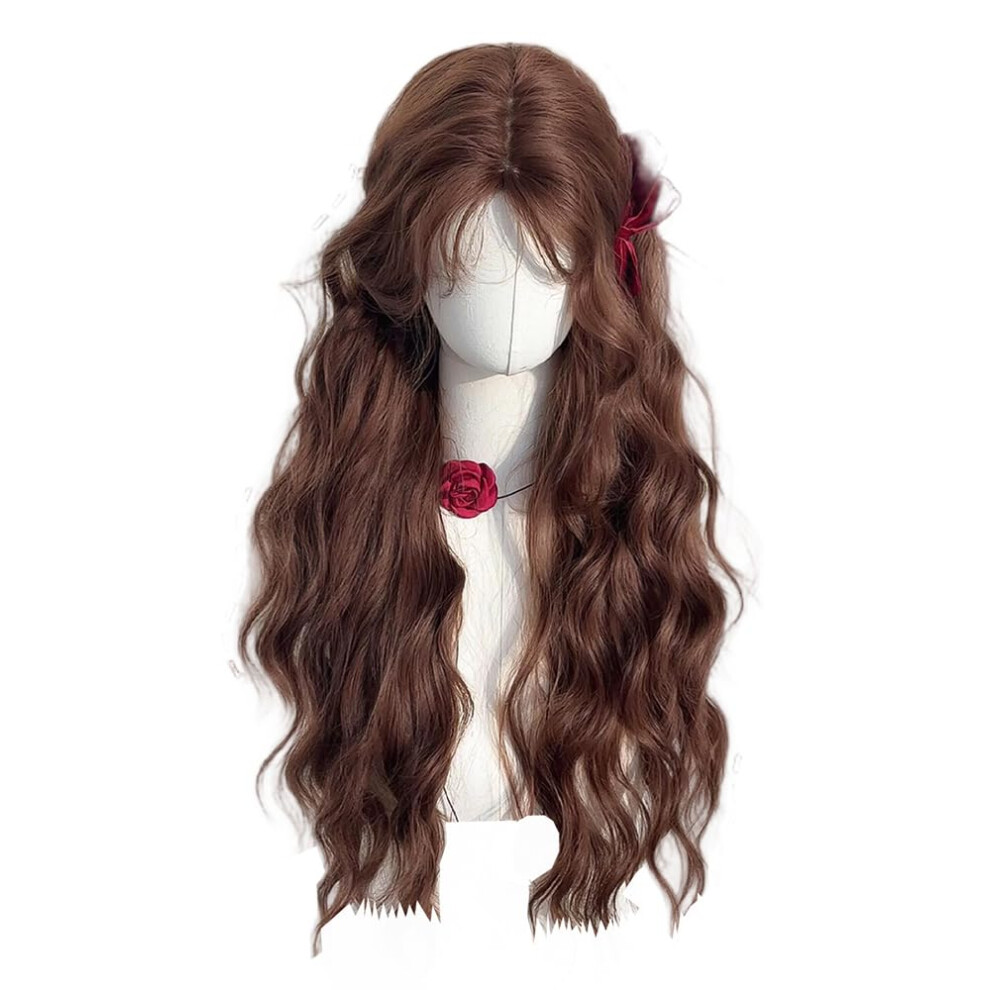 Unisex Brown Women's Long Curly Chestnut Wig 27 Inch Lolita Style Heat Resistant Synthetic Hair With Wig Net