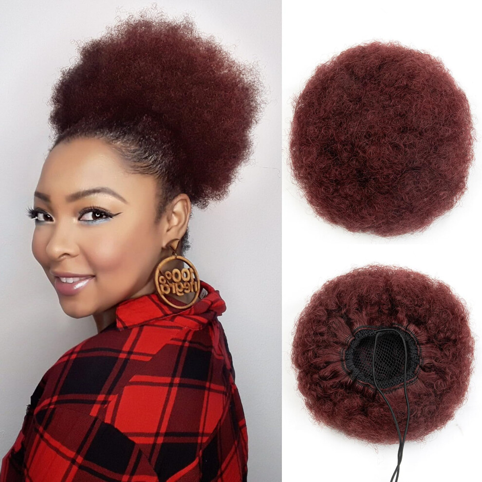 Unisex Red Afro Puff Ponytail Human Hair Extension 8 Inch Kinky Curly 4C Texture Wine Drawstring Bun