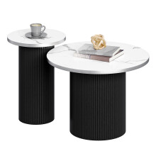 Modern Round Coffee Table & Side Table Set - Fluted Black Pedestal with White Marble-Effect Tabletop
