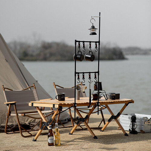 1Ensemble Crochet Camping Aluminium Support Multitâche Noir 2