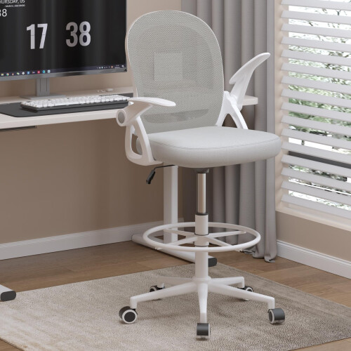 (Grey)Ergonomic Drafting Chair Adjustable Footrest for Home Office