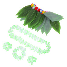 3Sets Light Green Hawaiian Hula Skirt and Lei Set for Luau Party