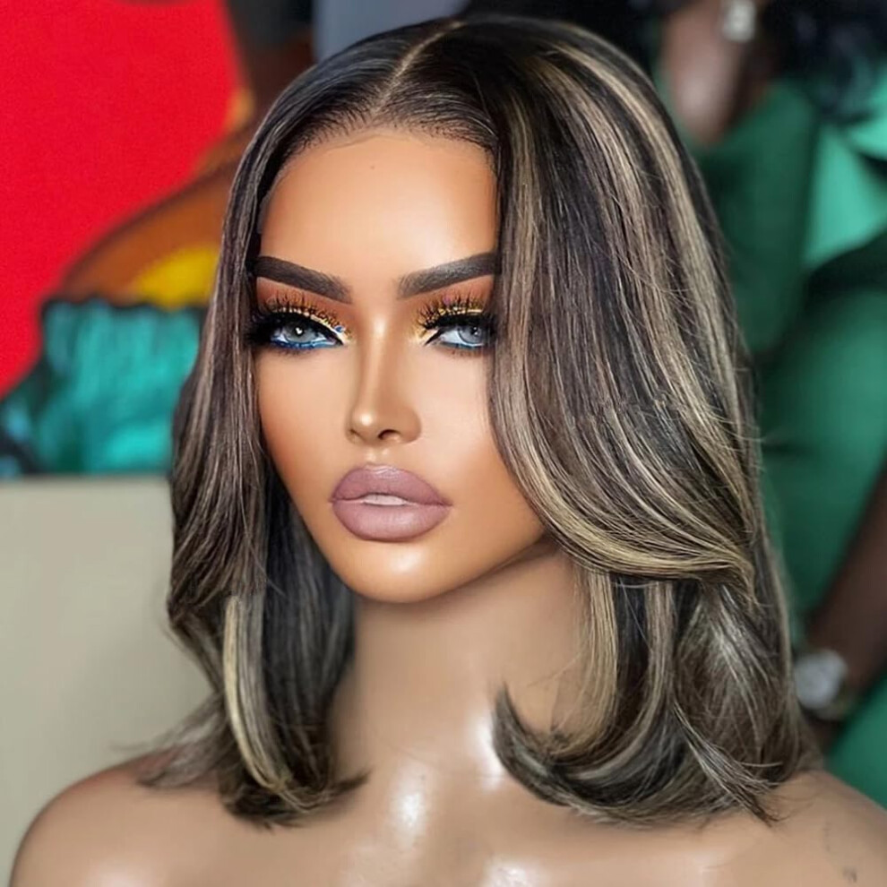 Unisex Highlight 12 Inch Ombre Wavy Bob Human Hair Lace Front Wig Hd Transparent Glueless Preplucked